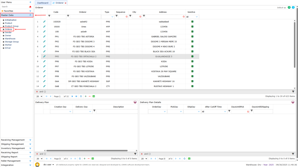Add a new orderer Orderer, linari, www.linari.app, wms, Warehouse, Orderer information, Orderer submenu, add a new orderer