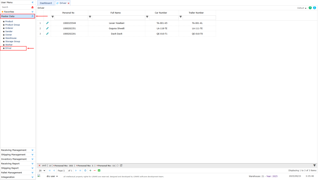 Driver submenu Driver, linari, www.linari.app, wms, Warehouse, Driver information, Driver submenu
