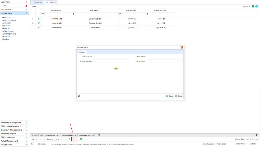 Driver submenu Driver, linari, www.linari.app, wms, Warehouse, Driver information, Driver submenu
