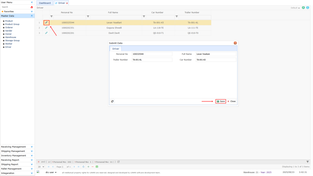 Driver submenu Driver, linari, www.linari.app, wms, Warehouse, Driver information, Driver submenu