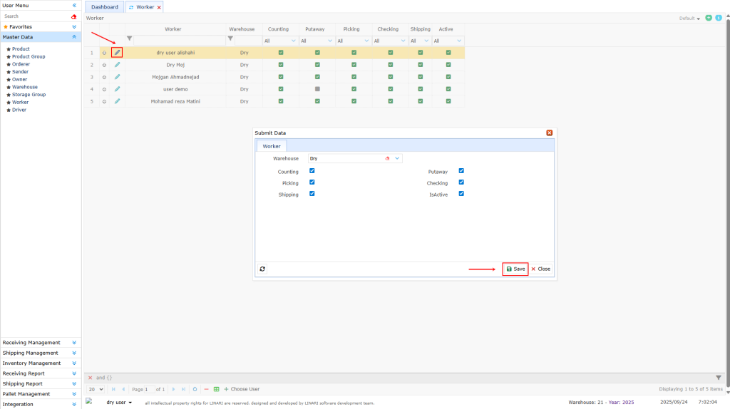 edit Worker information Worker, linari, www.linari.app, wms, Warehouse, Worker information, Worker submenu, edit Worker information