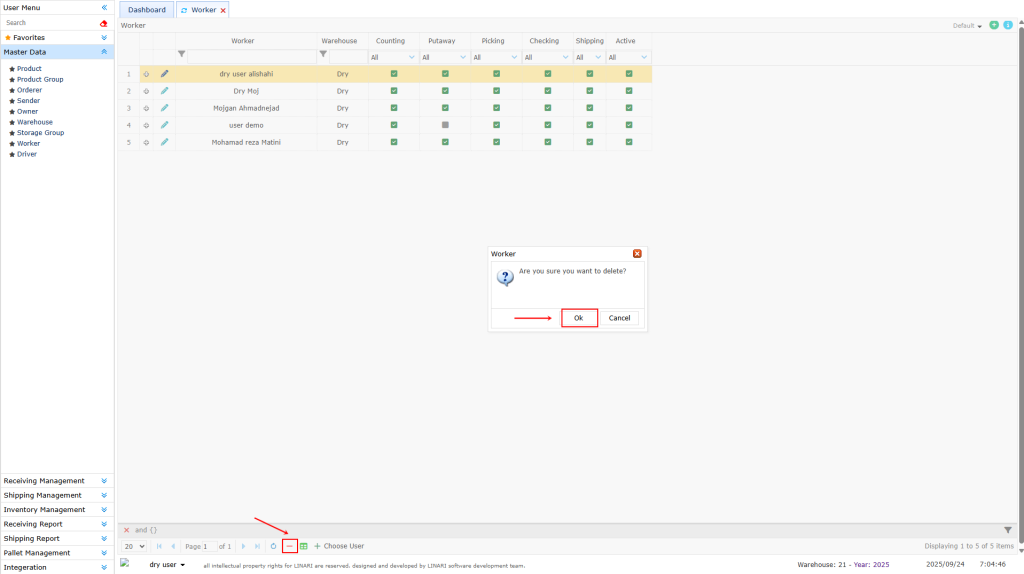 delete a Worker Worker, linari, www.linari.app, wms, Warehouse, Worker information, Worker submenu, delete a Worker