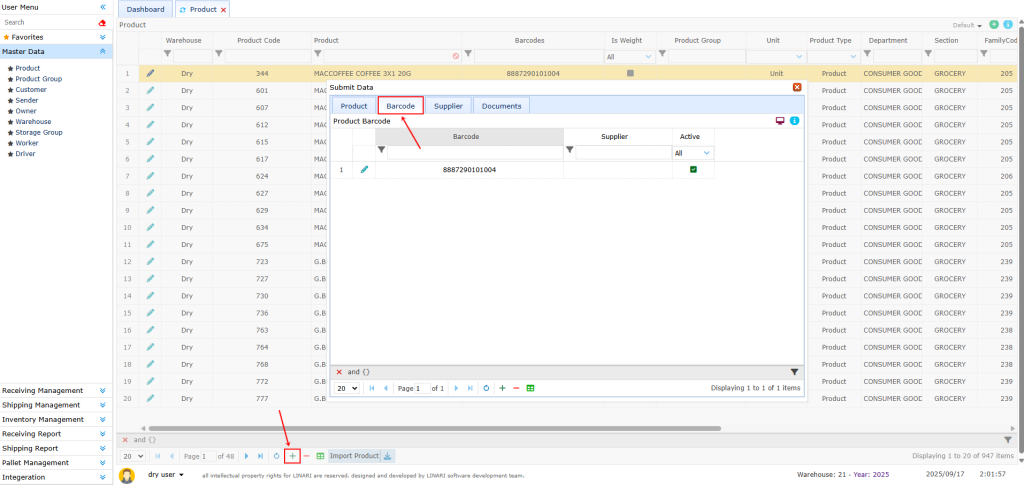 Product barcode Product, linari, www.linari.app, wms, Warehouse, Product information, Product submenu, barcode, Product barcode