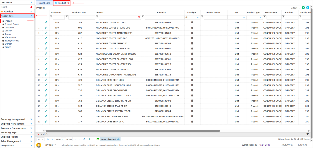 Product, linari, www.linari.app, wms, Warehouse, Product information, Product submenu