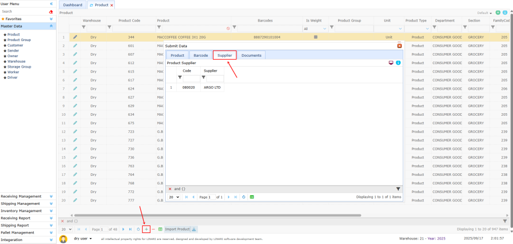 Product Supplier Product, linari, www.linari.app, wms, Warehouse, Product information, Product submenu, Supplier, Product Supplier