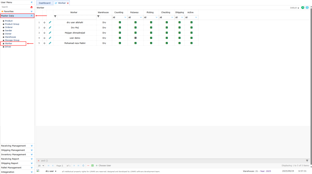 add a Worker Worker, linari, www.linari.app, wms, Warehouse, Worker information, Worker submenu, add a Worker