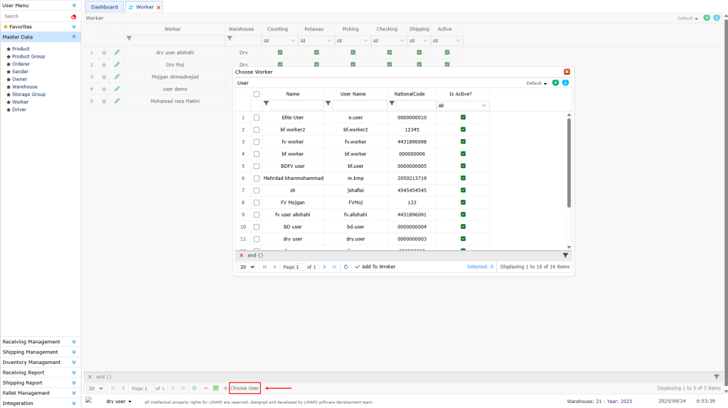 list of users Worker, linari, www.linari.app, wms, Warehouse, Worker information, Worker submenu, list of users