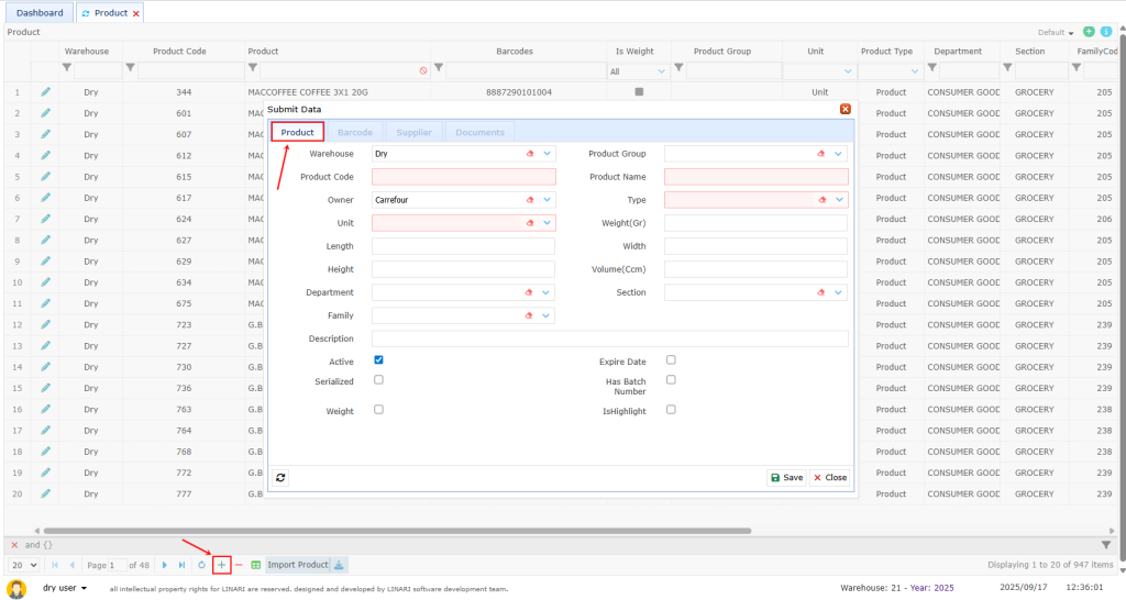 Add a new product Product, linari, www.linari.app, wms, Warehouse, Product information, Product submenu