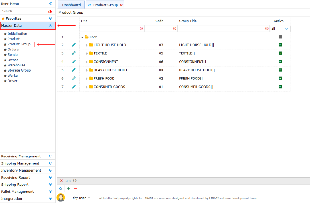 Product grouping Product grouping, linari, www.linari.app, wms, Warehouse, Product grouping information, Product grouping submenu