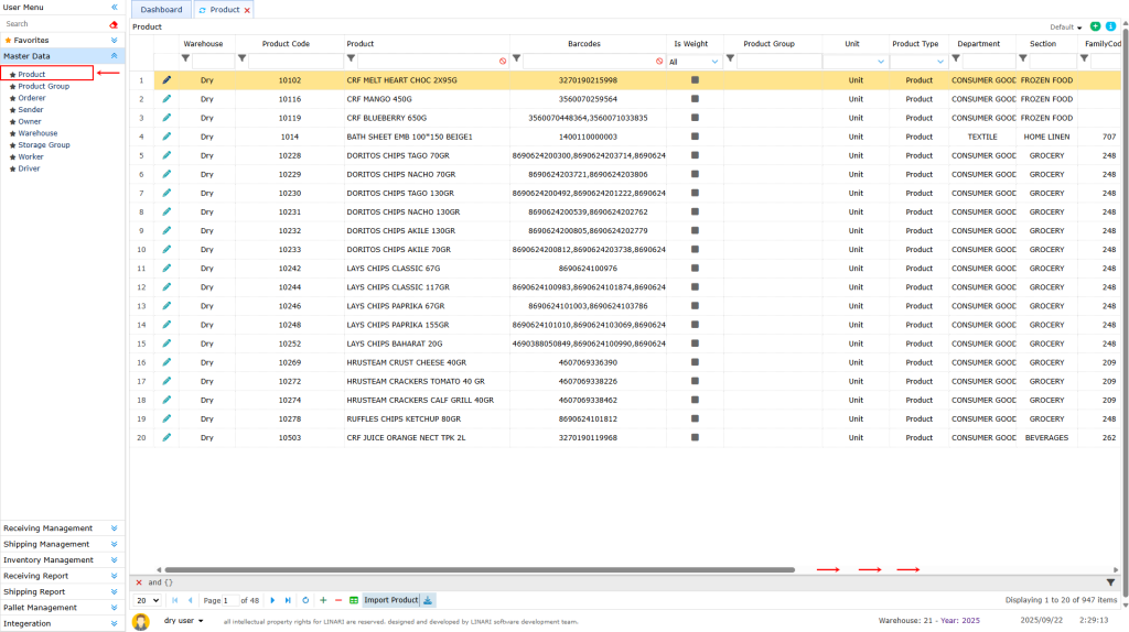 Type Code submenu Type Code, linari, www.linari.app, wms, Warehouse, Type Code, information, Type Code submenu.