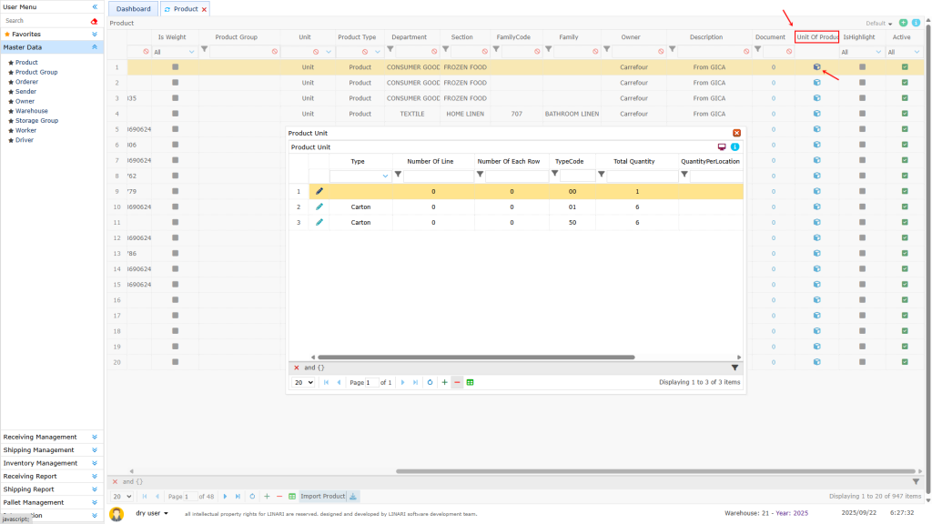 Type Code information Type Code, linari, www.linari.app, wms, Warehouse, Type Code, information, Type Code submenu, add a new unit to the product.