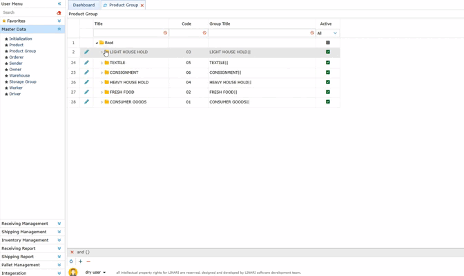 Product grouping, linari, www.linari.app, wms, Warehouse, Product grouping information, Product grouping submenu