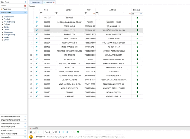 Sender, linari, www.linari.app, wms, Warehouse, sender information