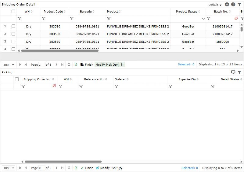 Picking Finish by order: Finish and Modify Pick Qty. Names are blurred.