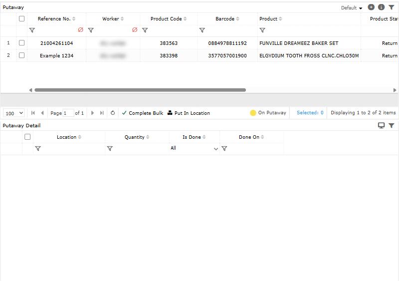 Putaway Complete: Complete Bulk and Put In Location. Names are blurred.