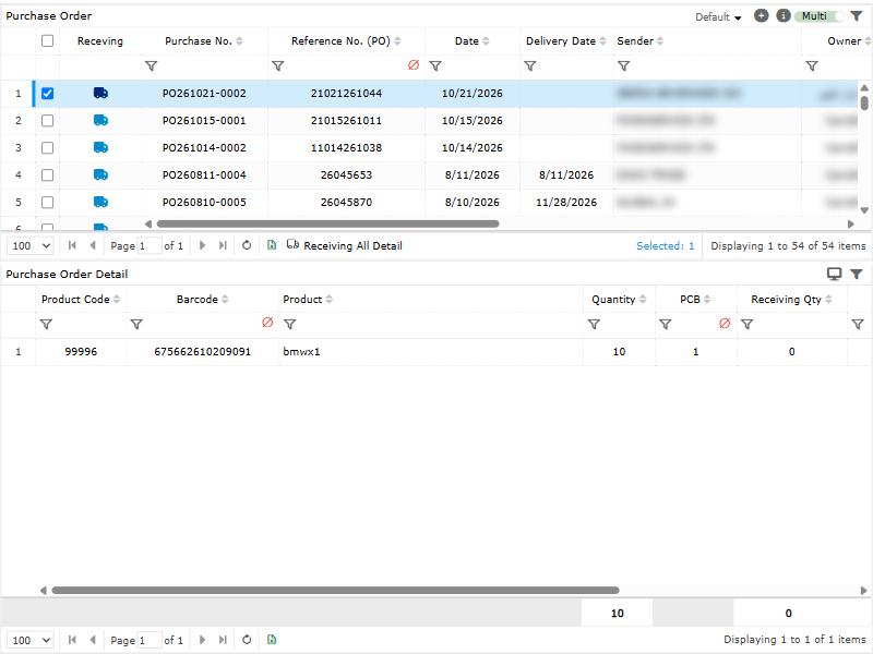 Receiving Order: select a purchase order, then click Receiving All Detail. Names are blurred.