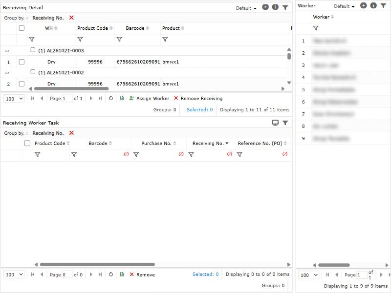 Receiving Worker Assign: lines on the left, workers on the right. Names are blurred.